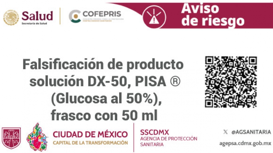 Falsificación de producto solución DX-50, PISA ® (Glucosa al 50%), frasco con 50 ml